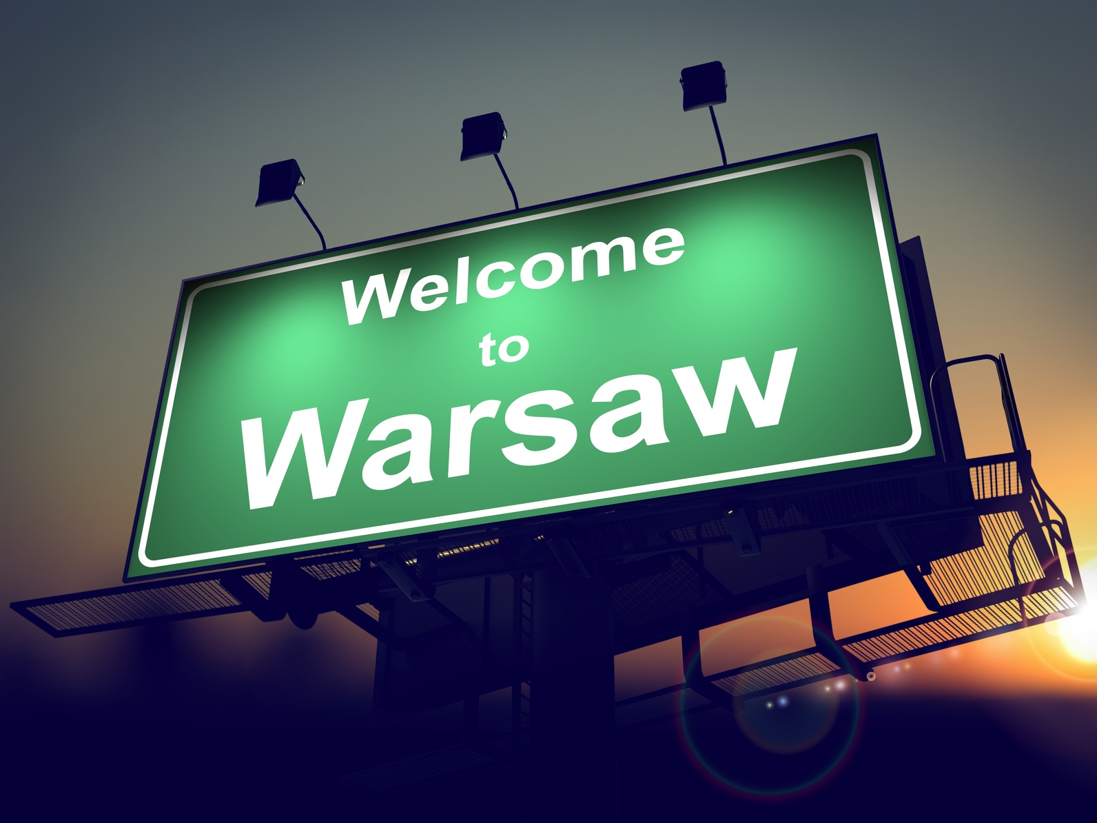 Welcome to Warsaw - Green Billboard on the Rising Sun Background.